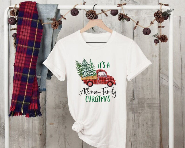 Christmas Matching Family Tshirt, Buffalo Plaid Christmas Truck Printed Shirts, Personalised Family Last Name Xmas Eve Matching Comfy Outfit