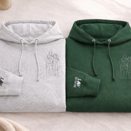 Custom Photo Embroidered Hoodie, Personalised Family Matching Sketch from Photo Unisex Jumper, 1st Anniversary Special Date Initial Outfits