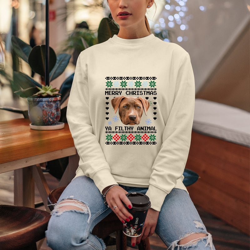 Personalised Photo Christmas Ugly Sweatshirt, Custom Dog Photo Xmas Printed Sweater, Ya Filthy Animal Dog Jumper, Funny Dog Lovers Xmas Gift