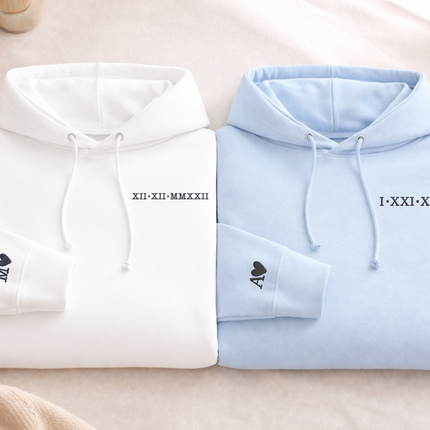 Personalised Matching Hoodie, Embroidered Roman Numeral Hoody, Custom Anniversary Initial Couple Matching Jumper, Relationship Gift for GF