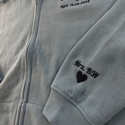 Wifey Embroidered Initial Zip Up Hoodie, Bride Sweater, Personalised Mrs Maid of Honour Hubby Jumper Bride and Groom Bachelorette Party Gift