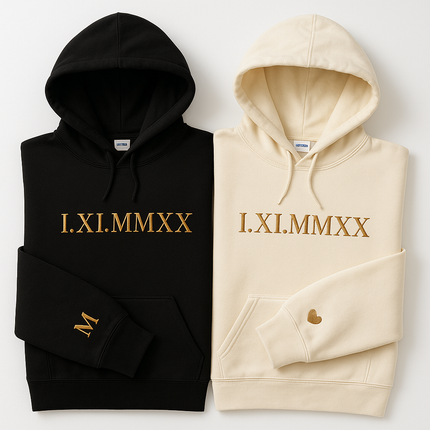 Personalised Roman Numerals Hoodie, Embroidered Couples Matching Hoodie