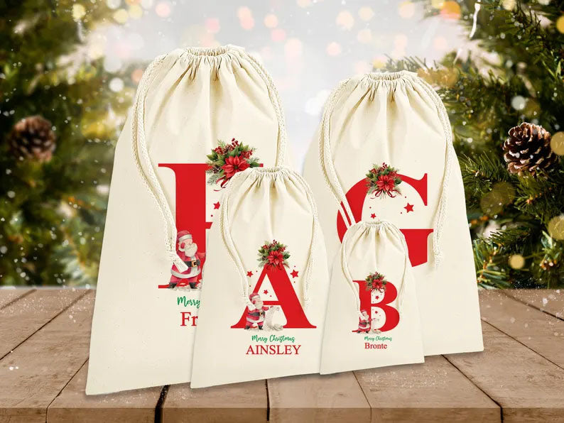 Personalised Christmas Sack, Custom Name & Initial Santa Christmas Sack, Monogrammed Christmas Toy Sack, Bag for Kids, First Christmas Gift