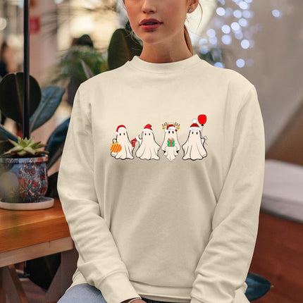 Christmas Ghost Santa Hat Sweatshirt, Retro Ghost Printed Xmas Crewneck Jumper