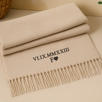 Embroidered Roman Numeral Date Scarf, Personalised Name Initials Winter Scarf
