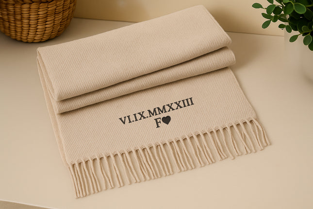 Embroidered Roman Numeral Date Scarf, Personalised Name Initials Winter Scarf, Comfy Woven Long Scarf with Tassels, Christmas Gift for Him