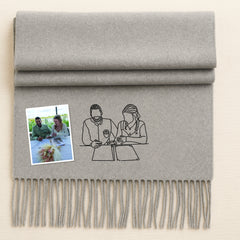 Custom Couple Photo Portrait Scarf, Personalised Line Art Embroidered Sketch Scarf, Comfy Winter Matching Scarves, Christmas Gift for Hubby