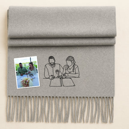 Custom Couple Photo Portrait Scarf, Personalised Line Art Embroidered Sketch Scarf, Comfy Winter Matching Scarves, Christmas Gift for Hubby