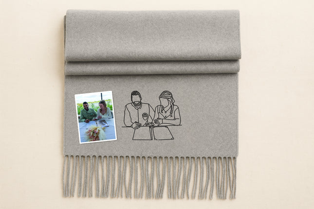 Custom Couple Photo Portrait Scarf, Personalised Line Art Embroidered Sketch Scarf, Comfy Winter Matching Scarves, Christmas Gift for Hubby