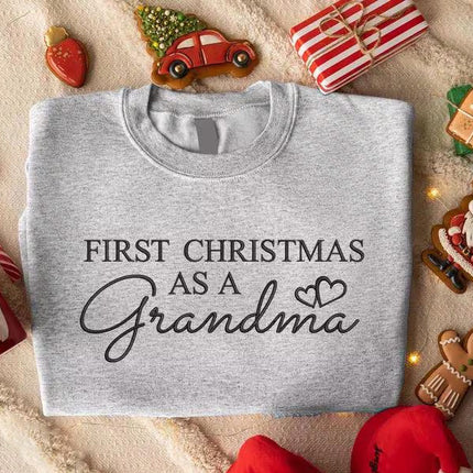 First Christmas As A Grandma Sweatshirt, Embroidered Christmas New Grandma Sweatshirt, Custom Grand Mother Name on Sleeves, Christmas Gifts