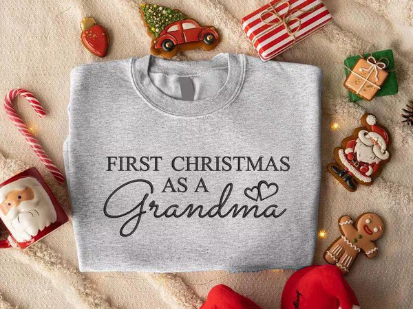 First Christmas As A Grandma Sweatshirt, Embroidered Christmas New Grandma Sweatshirt, Custom Grand Mother Name on Sleeves, Christmas Gifts