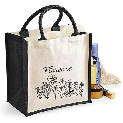 Personalised Floral Tote Bag, Custom Name Wildflowers Jute Tote Bag, Gift for Wife