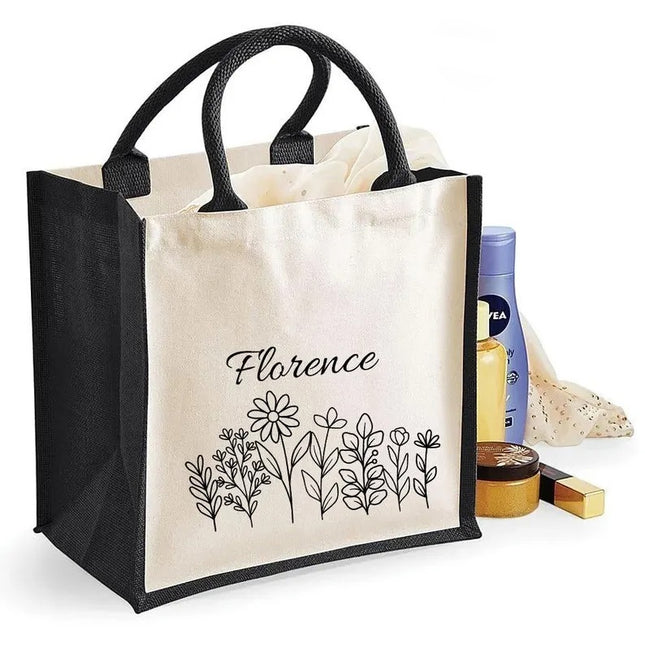 Personalised Floral Tote Bag, Custom Name Wildflowers Jute Tote Bag, Flowers Printed Shopping Bag for Womens, Birthday Gifts, Gift for Wife