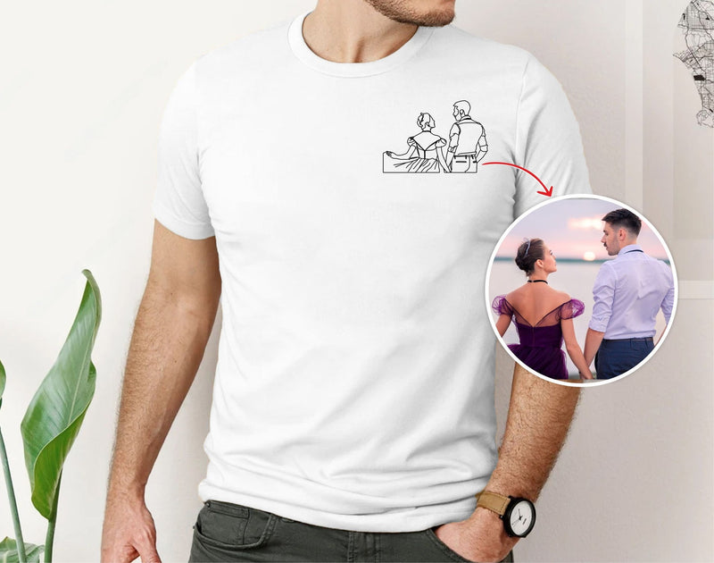 Personalised Couple Portrait T-Shirt, Embroidered Sketch from Photo Shirt, Custom Couple Matching Tees, Memorial Anniversary Gift for Him