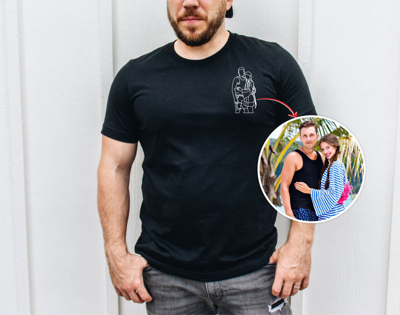 Personalised Couple Portrait T-Shirt, Embroidered Sketch from Photo Shirt, Custom Couple Matching Tees, Memorial Anniversary Gift for Him