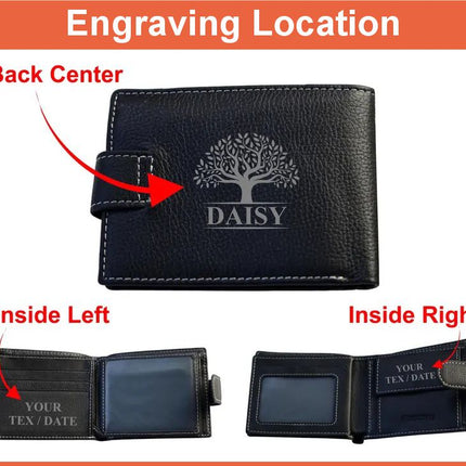 Custom Engraved Black Leather Wallet, Personalised Men's Monogrammed Wallet