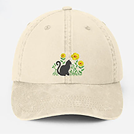 Cat & Flower Embroidered Hat, Floral Vintage Hat, Kitten Baseball Cap, Womens Hat