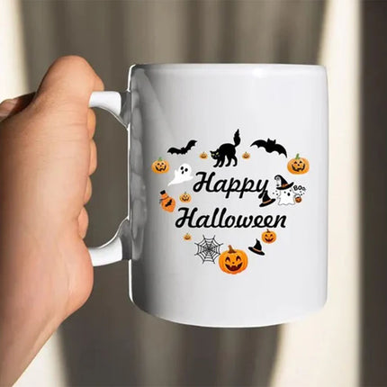 Happy Halloween Mugs, Halloween Doodles Heart Printed Mugs, 11oz White Ceramic Tea Cups, Family Matching Mugs, Fall Halloween Night Gifts