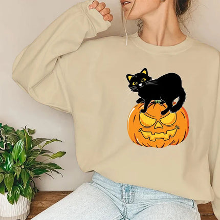 Black Cat on Pumpkin Sweatshirt, Halloween Pumpkin Printed Sweater, Vintage Fall Matching Jumper, Spooky Season Clothing, Halloween Gifts