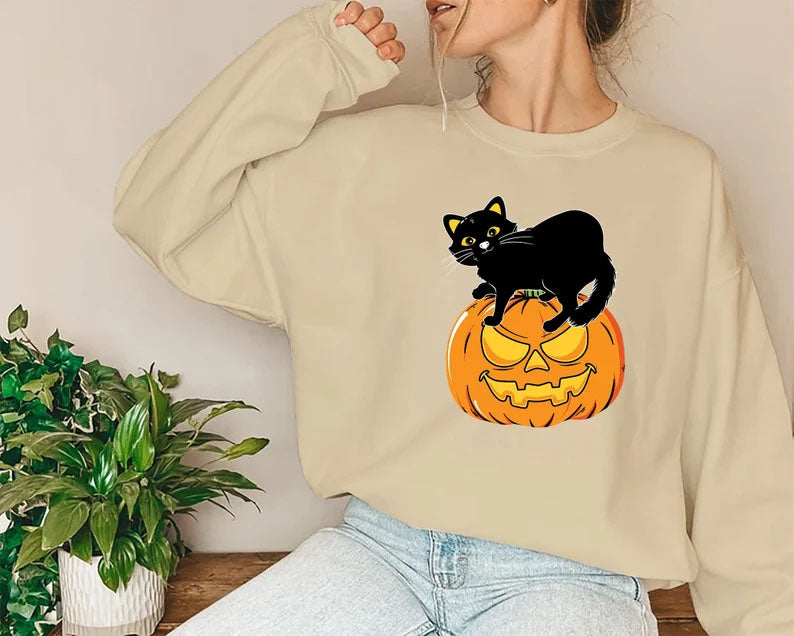 Black Cat on Pumpkin Sweatshirt, Halloween Pumpkin Printed Sweater, Vintage Fall Matching Jumper, Spooky Season Clothing, Halloween Gifts