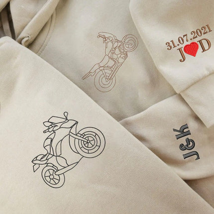 Embroidered Photo Custom Motor Bike Hoodie, Sketch from Photo Personalised Matching Hoody, Bike Lover Outfits, Memorial Photo Outline Jumper