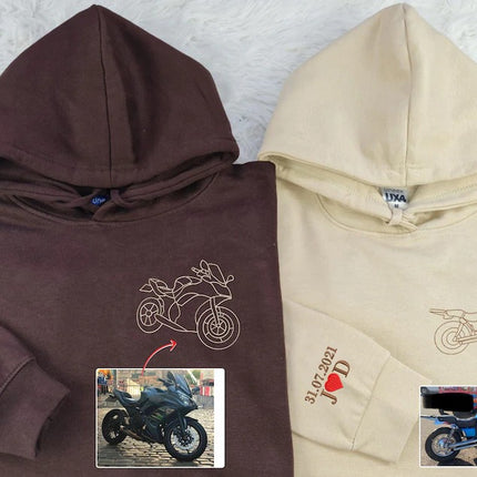 Embroidered Photo Custom Motor Bike Hoodie, Sketch from Photo Personalised Matching Hoody, Bike Lover Outfits, Memorial Photo Outline Jumper