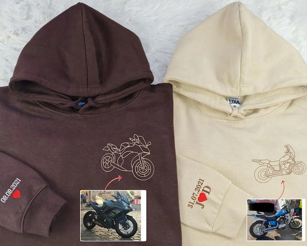 Embroidered Photo Custom Motor Bike Hoodie, Sketch from Photo Personalised Matching Hoody, Bike Lover Outfits, Memorial Photo Outline Jumper