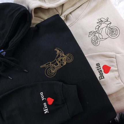 Embroidered Photo Custom Motor Bike Hoodie, Sketch from Photo Personalised Matching Hoody, Bike Lover Outfits, Memorial Photo Outline Jumper