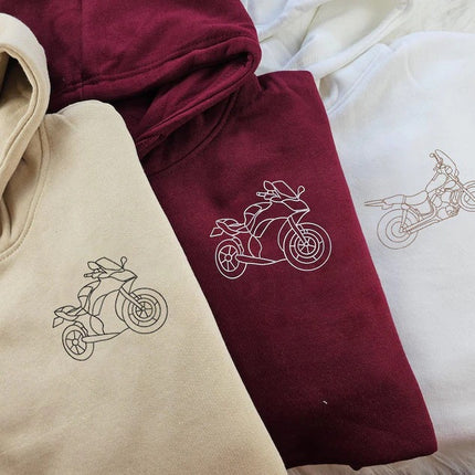 Embroidered Photo Custom Motor Bike Hoodie, Sketch from Photo Personalised Matching Hoody, Bike Lover Outfits, Memorial Photo Outline Jumper