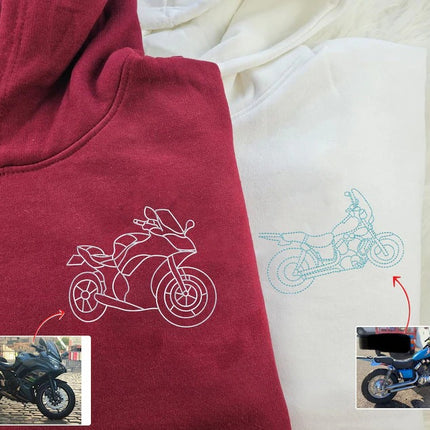 Embroidered Photo Custom Motor Bike Hoodie, Sketch from Photo Personalised Matching Hoody, Bike Lover Outfits, Memorial Photo Outline Jumper