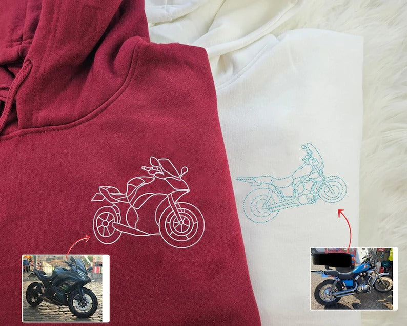 Embroidered Photo Custom Motor Bike Hoodie, Sketch from Photo Personalised Matching Hoody, Bike Lover Outfits, Memorial Photo Outline Jumper