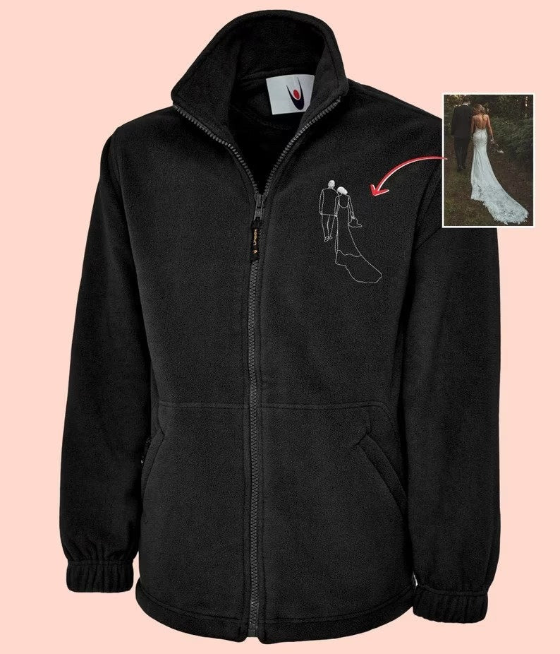 Custom Embroidered Photo Fleece Jacket, Personalised Monogram Couple Design Zip Up Fleece, Soulmate Valentines Matching Memorial Bodywarmer