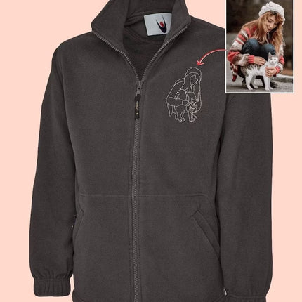 Custom Embroidered Photo Fleece Jacket, Personalised Monogram Couple Design Zip Up Fleece, Soulmate Valentines Matching Memorial Bodywarmer