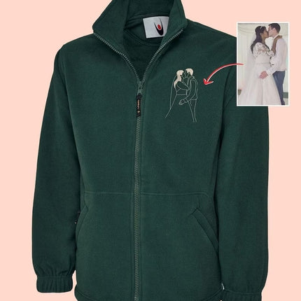 Custom Embroidered Photo Fleece Jacket, Personalised Monogram Couple Design Zip Up Fleece, Soulmate Valentines Matching Memorial Bodywarmer