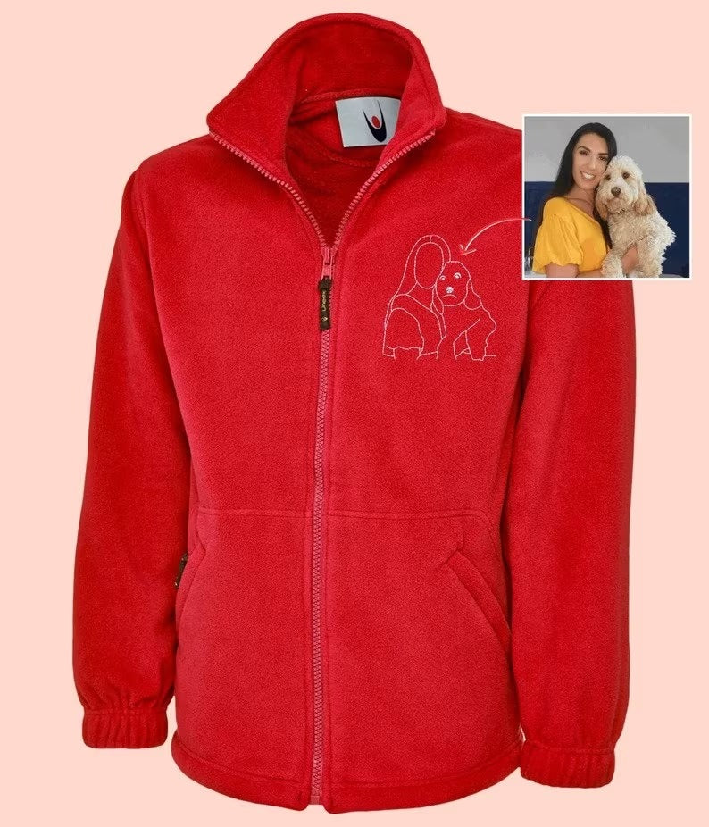 Custom Embroidered Photo Fleece Jacket, Personalised Monogram Couple Design Zip Up Fleece, Soulmate Valentines Matching Memorial Bodywarmer