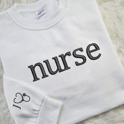 Personalised Embroidered Nurse Sweatshirt, Custom Nurse Initial Matching Sweater, Stethoscope on Sleeve Nurse Doctors Gift,