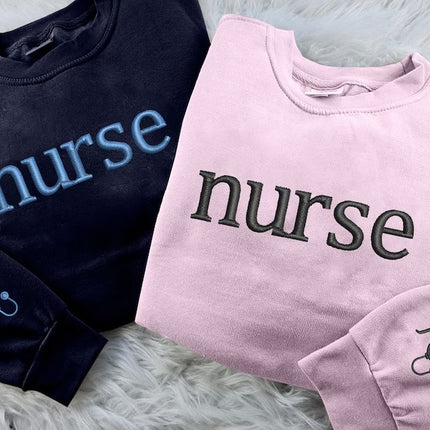 Personalised Embroidered Nurse Sweatshirt, Custom Nurse Initial Matching Sweater, Stethoscope on Sleeve Nurse Doctors Gift,