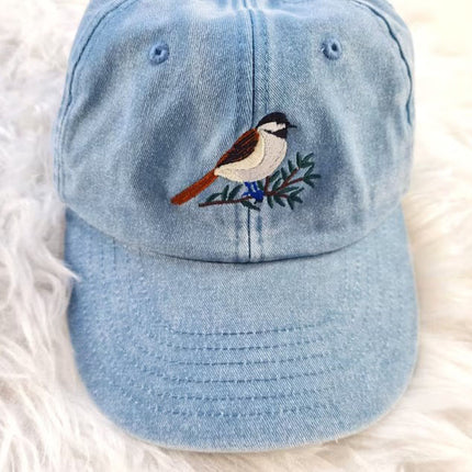 Vintage Cap, CHICKADEE Embroidered Baseball Hat, Wildlife Animal Sun Hats, Embroidery Design Bird On Cap, Cotton Summer Fashion Trucker Hats