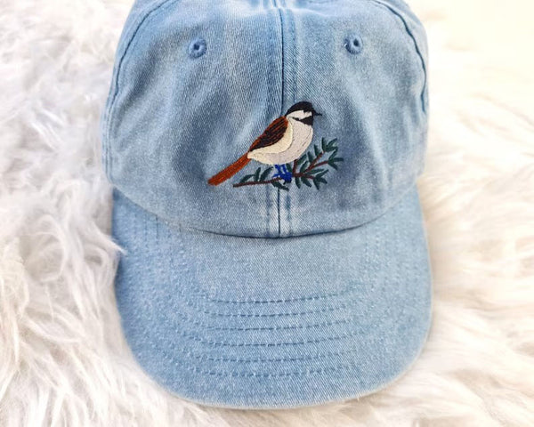 Vintage Cap, CHICKADEE Embroidered Baseball Hat, Wildlife Animal Sun Hats, Embroidery Design Bird On Cap, Cotton Summer Fashion Trucker Hats