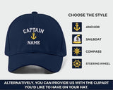 Custom Captain Hats, Embroidered Baseball Cap, Personalised Captain Monograms With Text On Cap, Sailor Boat Hats,