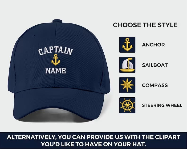 Custom Captain Hats, Embroidered Baseball Cap, Personalised Captain Monograms With Text On Cap, Sailor Boat Hats,