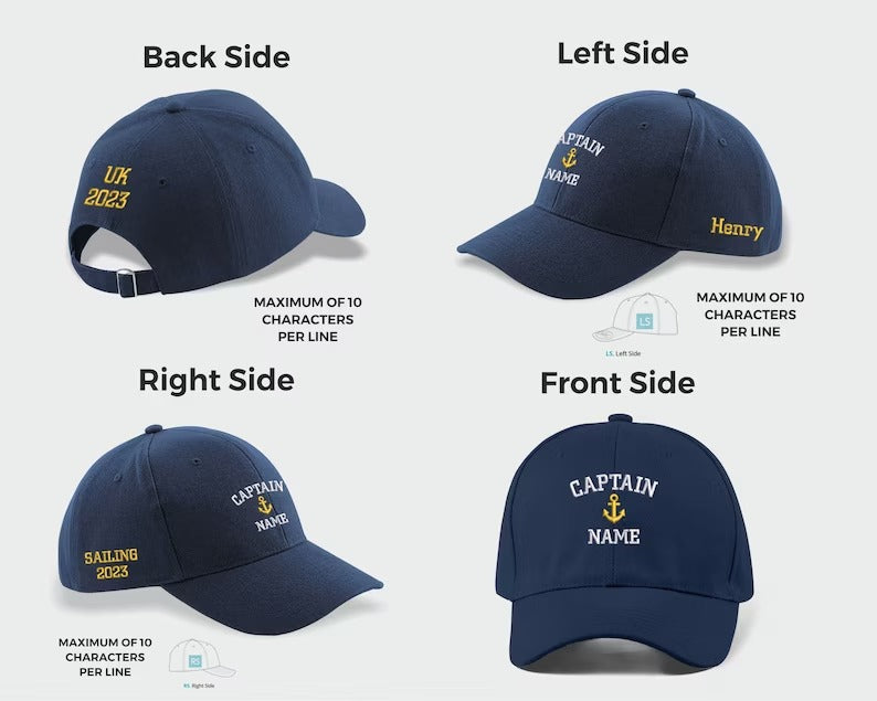 Custom Captain Hats, Embroidered Baseball Cap, Personalised Captain Monograms With Text On Cap, Sailor Boat Hats,