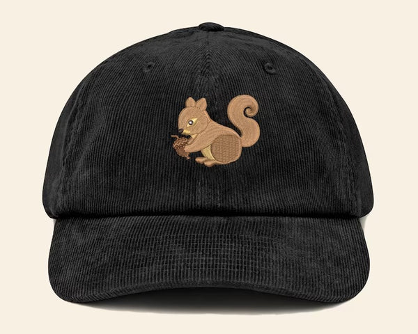 Squirrel Corduroy Cap, Embroidered Vintage Baseball Cap, Wildlife Cool Design Sun Hat, Comfort Colors Animal Designs Caps,