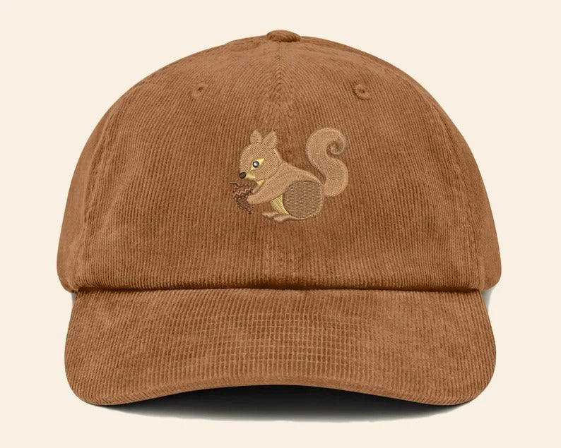 Squirrel Corduroy Cap, Embroidered Vintage Baseball Cap, Wildlife Cool Design Sun Hat, Comfort Colors Animal Designs Caps,