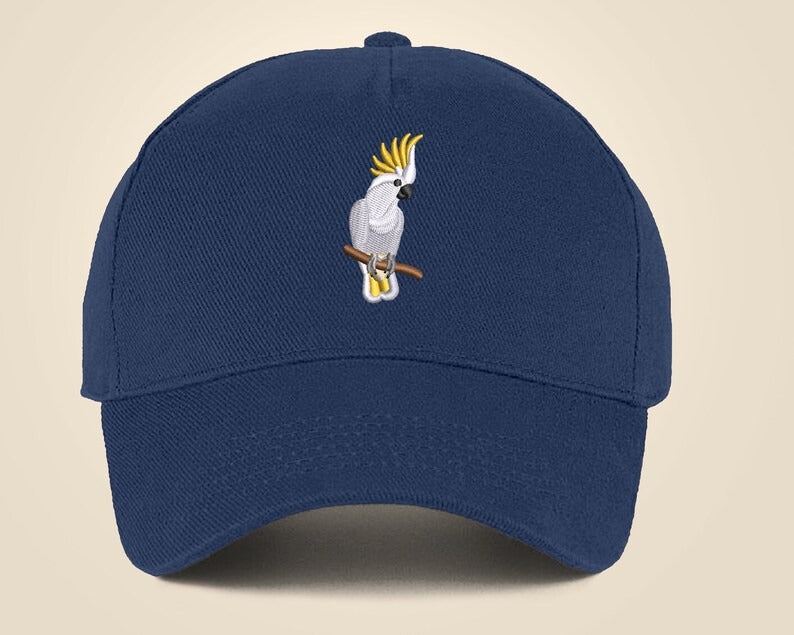 Embroidered Cap, Embroider White Cockatoo Parrot Hat, Wildlife Baseball Fitted Snapback Cap, Embroidered 5 Panel Trucker Hat Bird Lover Gift