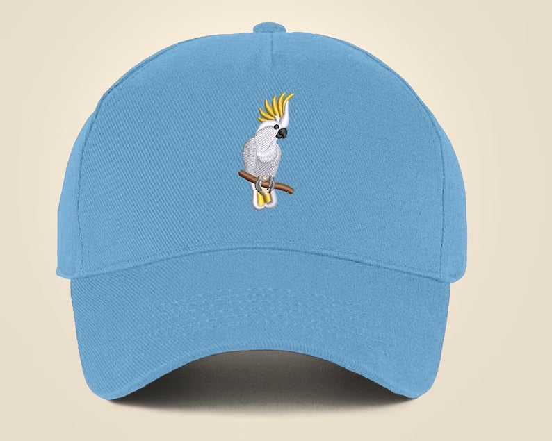 Embroidered Cap, Embroider White Cockatoo Parrot Hat, Wildlife Baseball Fitted Snapback Cap, Embroidered 5 Panel Trucker Hat Bird Lover Gift