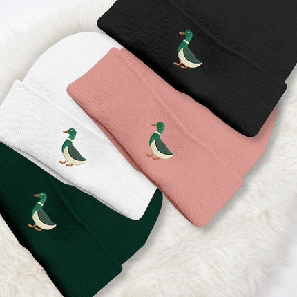 Embroidered DUCK Beanies, Mallard Duck Design Wildlife Winter Caps, Double Layer Knit Cuffed Unisex Comfort Color Beanie,