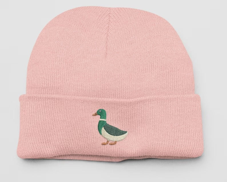 Embroidered DUCK Beanies, Mallard Duck Design Wildlife Winter Caps, Double Layer Knit Cuffed Unisex Comfort Color Beanie,