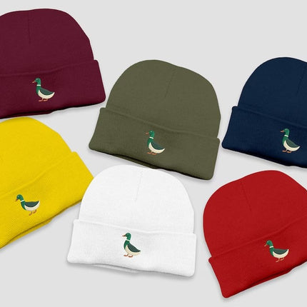 Embroidered DUCK Beanies, Mallard Duck Design Wildlife Winter Caps, Double Layer Knit Cuffed Unisex Comfort Color Beanie,