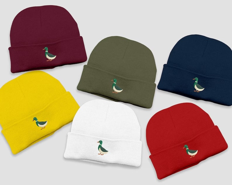 Embroidered DUCK Beanies, Mallard Duck Design Wildlife Winter Caps, Double Layer Knit Cuffed Unisex Comfort Color Beanie,